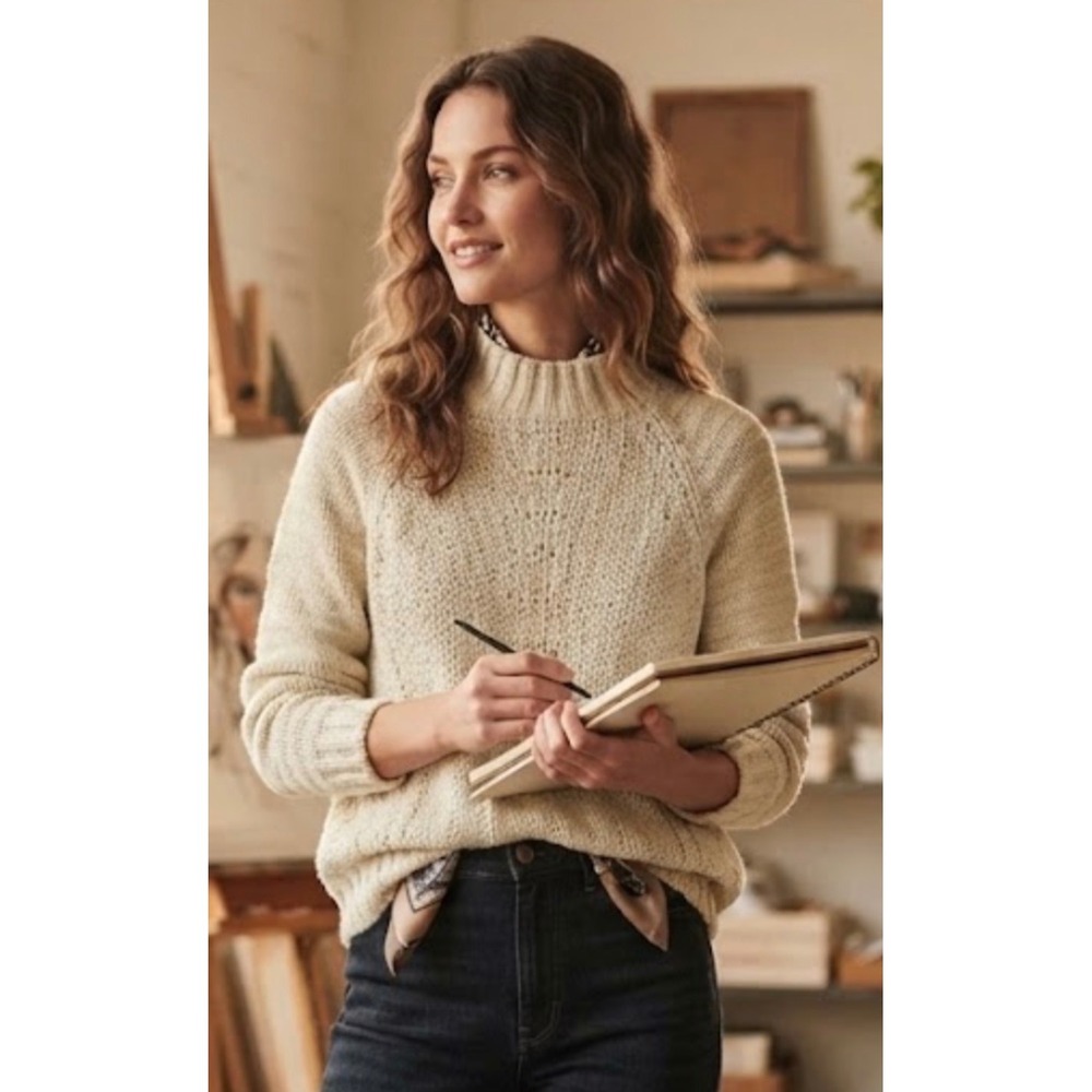 Altar'd State Womens Medium Cream Ivory Knit Mock Neck Raglan Sleeve Sweater